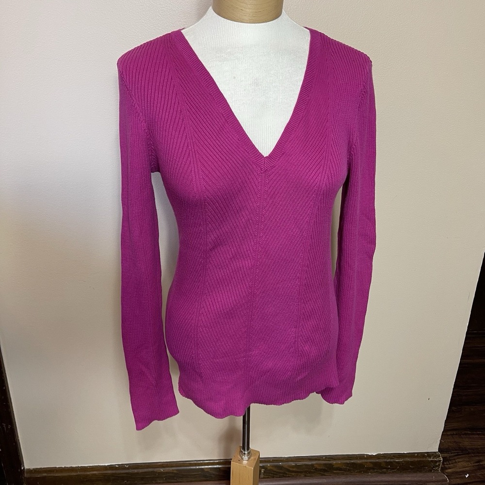 LAUREN RALPH LAUREN Pink Sweater L Pullover V Neck Ribbed Cotton Stretch‎ Casual